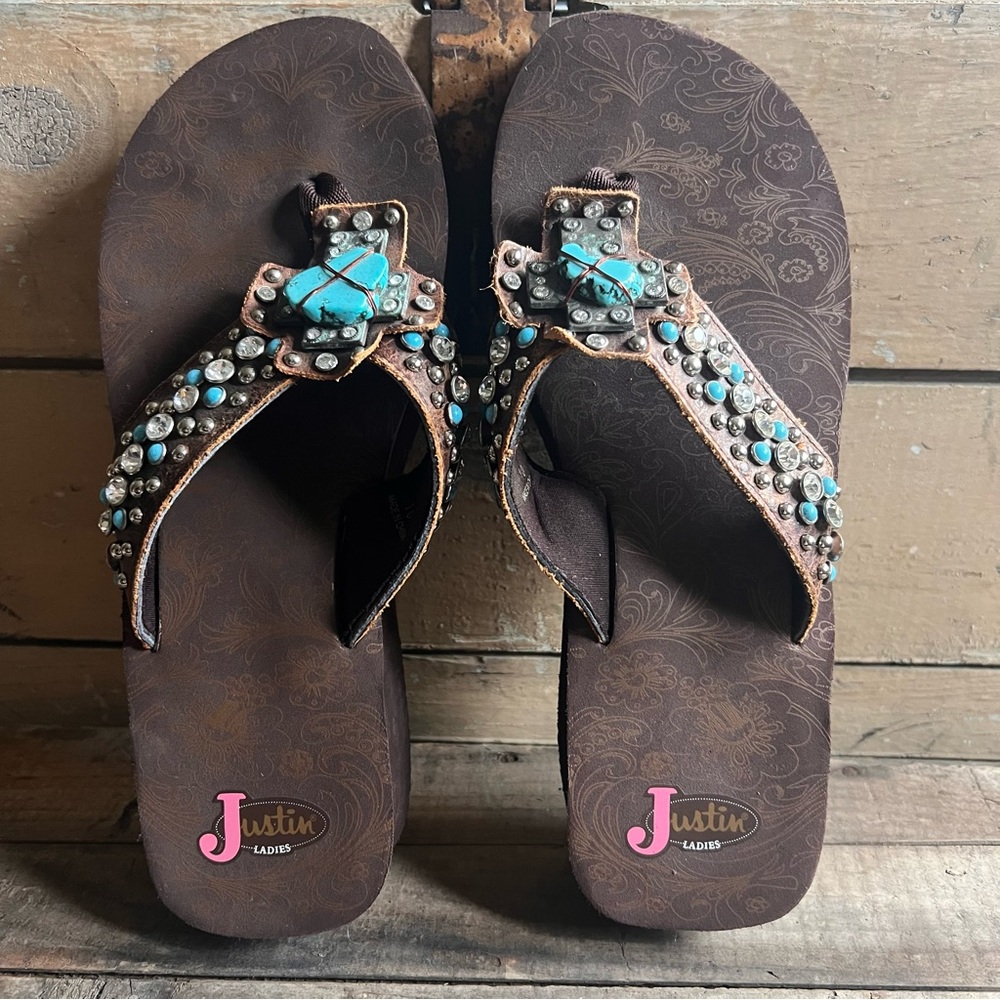 Justin Boots Ladies Brown Sandals with Turquoise Accents